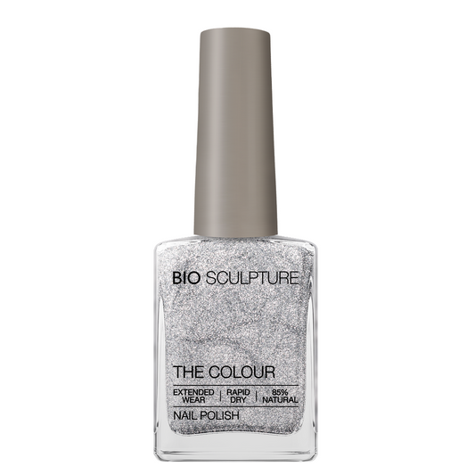 Monique Nail Polish – Bio Sculpture Produktflasche; Farbton ein reflektierender Silberglitter mit diamantähnlichem Funkeln