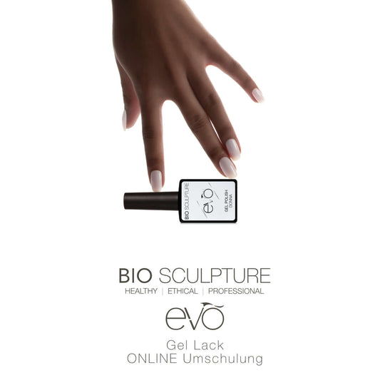 ONLINE Umschulung EVO Gel Lack Schulung Bio Sculpture EVO Online Umschulung (1.5-2 Stunden) als live Webinar mit einer Bio Sculpture Trainerin.Nach Abschluss der Umschulung erhalten Sie Zugriff in unserem Pro-Shop auf die EVO Produkte von BIO Sculpture so