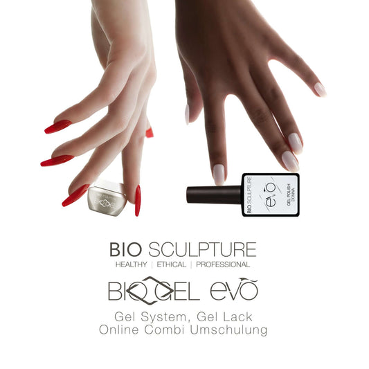 ONLINE Combi Umschulung BIOGEL & EVO Gel System Schulung Bio Sculpture EVO & BIOGEL Online Umschulung (2-3 Stunden) als live Webinar mit einer Bio Sculpture Trainerin.Nach Abschluss der Umschulung erhalten Sie Zugriff in unserem Pro-Shop auf die EVO- und