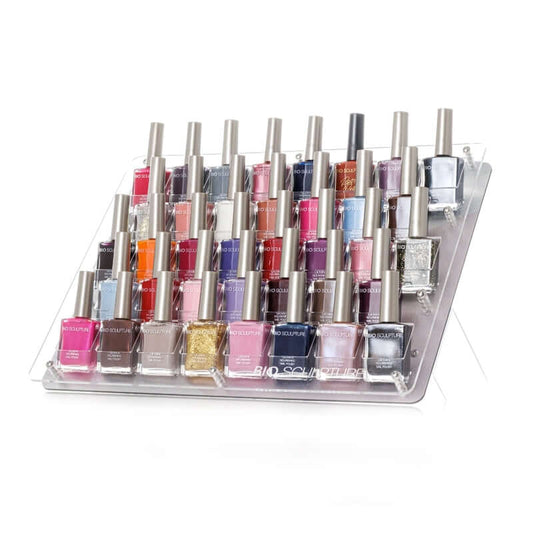 Gemini/Ethos Ständer - Bio Sculpture Attraktiver Präsentationsständer zur stilvollen Aufbewahrung von bis zu 38 Evo Gel-, Ethos- oder Gemini-Flaschen. Die abgebildeten Produkte sind nicht im Lieferumfang enthalten. Bio Sculpture