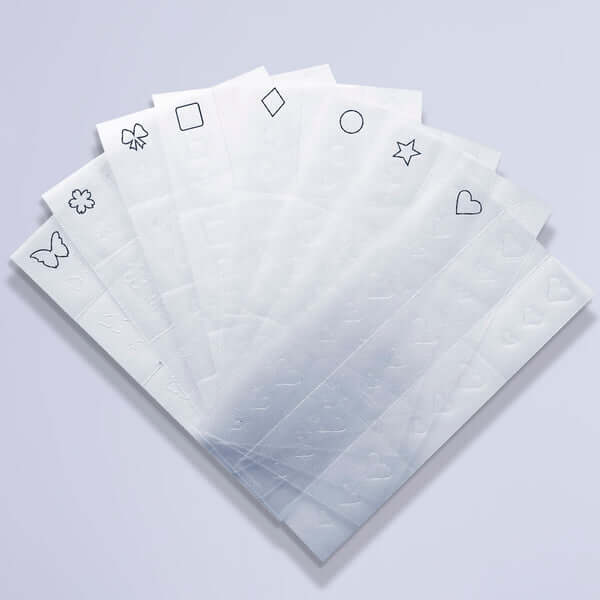 Nail Art Schablonen Stencils (Pack of 8) Nail Art Inhalt: 8 verschiedene Nail Art Schablonen: 1x Schmetterling 1x Blüte 1x Schleife 1x Quadrat 1x Raute 1x Kreis 1x Stern 1x Herz Bio Sculpture