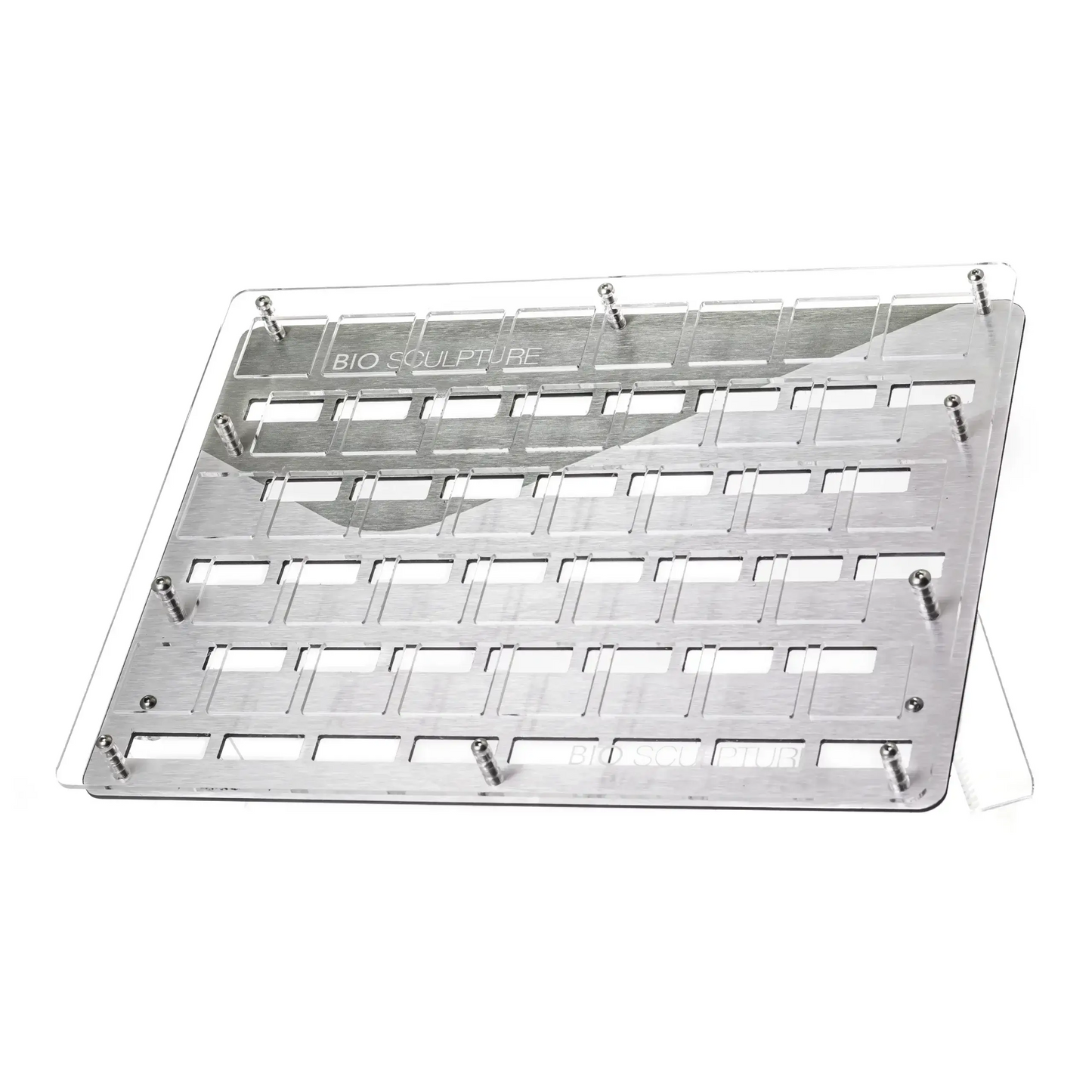 Gemini/Ethos Ständer - Bio Sculpture Attraktiver Präsentationsständer zur stilvollen Aufbewahrung von bis zu 38 Evo Gel-, Ethos- oder Gemini-Flaschen. Die abgebildeten Produkte sind nicht im Lieferumfang enthalten. Bio Sculpture