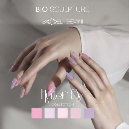 BIOGEL Flutter By Collection BIOGEL Mit unserer bezaubernden Flutterby-Kollektion können Sie Ihren inneren Schmetterling zum Vorschein bringen. Zarte Farbtöne und schillernde Oberflächen flattern auf Ihre Nägel und kreieren einen skurrilen und ätherischen