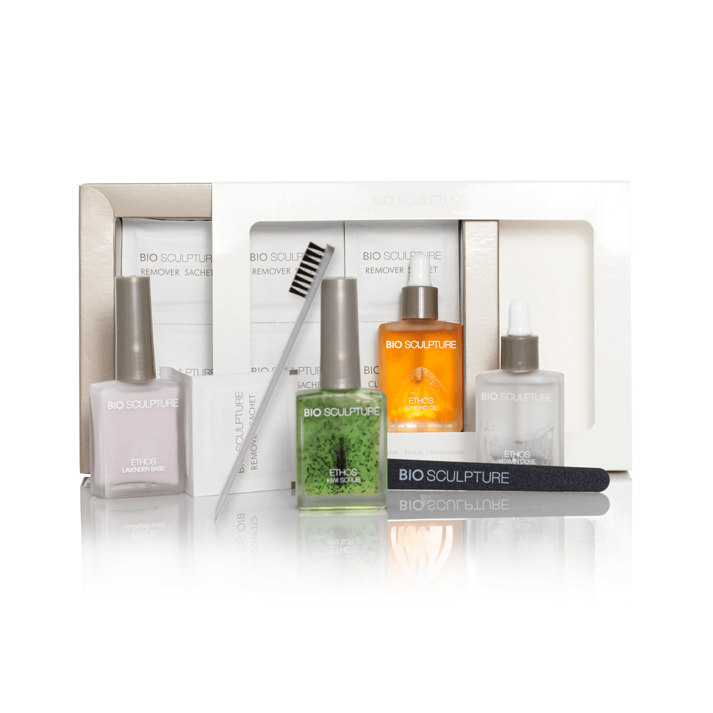 ETHOS Home Care Pack ETHOS Das ETHOS Home Care Pack enthält 1x Kiwi Scrub1x Vitamin Dose1x Almond Oil1x Lavender Base1x Thin Black file10x Gel Remover Sachets Bio Sculpture