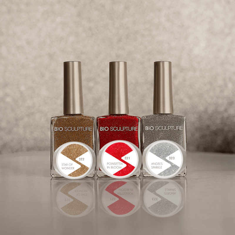 Reflective Surprise Collection BIOGEL Eine Kollektion in limitierter Auflage mit schimmernden Rot-, Silber- und Goldtönen. Diese ultrareflektierenden Farben fangen das Licht ein und setzen in dieser festlichen Jahreszeit ein Statement. Sie verleihen Ihren
