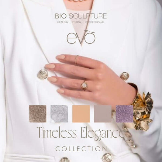 EVO Timeless Elegance Collection EVO Die BIO SCULPTURE EVO Timeless EleganceKollektion ist ein Zeugnis des ewigen Stils fürfür grenzenlose Klasse und Raffinesse. Mit einer Reihe von exquisiten Farbtönen, von unvergänglichen Nudetönen bis hin zu zauberhaft