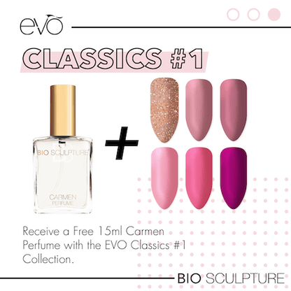 EVO CLASSICS #1 EVO Collection Kaufe die Bio Sculpture EVO CLASSICS #1 Collection mit 6 EVO Gels und erhalten ein Carmen Parfüm kostenlos. CARMEN Parfüm, die Essenz der Weiblichkeit.Ein jung und leichtes, mit weichen, sinnlichen Elementen, edel präsentier