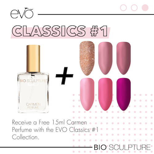 EVO CLASSICS #1 EVO Collection Kaufe die Bio Sculpture EVO CLASSICS #1 Collection mit 6 EVO Gels und erhalten ein Carmen Parfüm kostenlos. CARMEN Parfüm, die Essenz der Weiblichkeit.Ein jung und leichtes, mit weichen, sinnlichen Elementen, edel präsentier