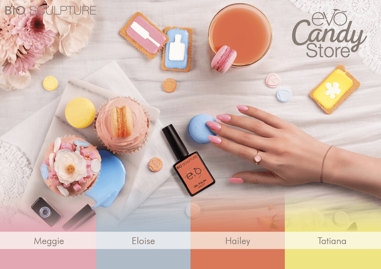 EVO Candy Store EVO Collection Bio Sculpture EVO Candy StoreEin süsses Farbspiel!148 Meggie, ein schillernder, zarter Farbton in zuckerüssem Rosa.149 Eloise, ein blau wie das Meer im Süden. 150 Hailey, ein tiefes und lebhaftes Orange, wlches jeden Tag auf