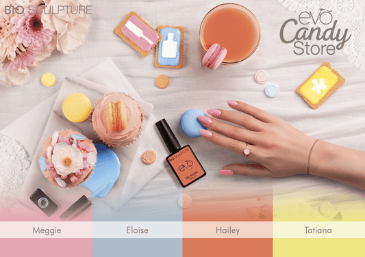 EVO Candy Store EVO Collection Bio Sculpture EVO Candy StoreEin süsses Farbspiel!148 Meggie, ein schillernder, zarter Farbton in zuckerüssem Rosa.149 Eloise, ein blau wie das Meer im Süden. 150 Hailey, ein tiefes und lebhaftes Orange, wlches jeden Tag auf