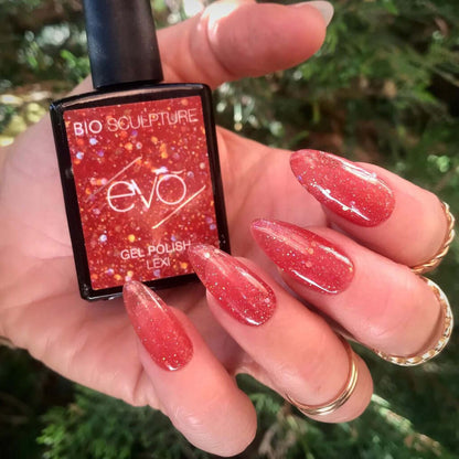 0138 LEXI- EVO EVO EVO GellackFunkelndes rotes Glittergel Hergestellt in Südafrika.EVO by Bio Sculpture Bio Sculpture